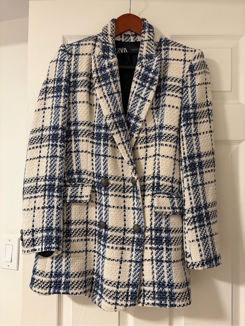 Zara Cream and Blue Plaid Tweed Double-Breasted Blazer Jacket